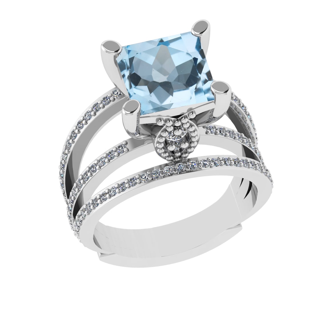2.70 Ctw VS/SI1 Blue Topaz And Diamond 14K White Gold Engagement Ring( ALL: Center Stone Weight : 2.00 Ctw ( Princess Cut ) Center Stone Color : Blue Topaz Stone Setting : Prong Side Diamond Weight Of Ctw 0.70 Ctw Side Stone Color : J-K Stone Clarity : VS/SI1 Stone Setting : 