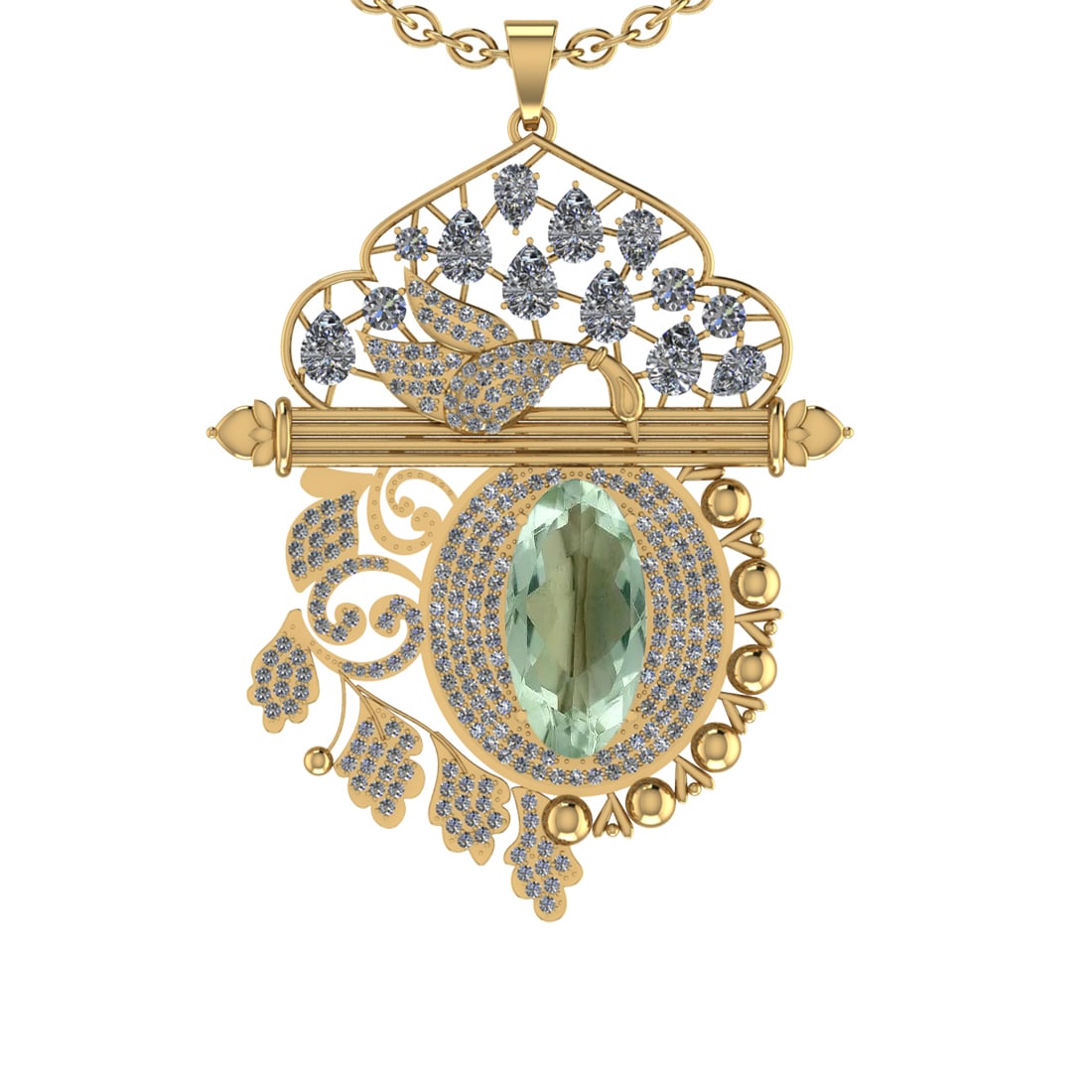 22.47 Ctw I2/I3 Green Amethyst And Diamond 10K Yellow Gold Necklace(ALL DIA: Center Stone Weight : 12.15 Ctw ( Oval Cut ) Center Stone Color : Green Amethyst Stone Setting : Prong Side Diamond Weight Of Ctw 10.32 Ctw Side Stone Color : J-K Stone Clarity : I2/I3 Stone Setting :