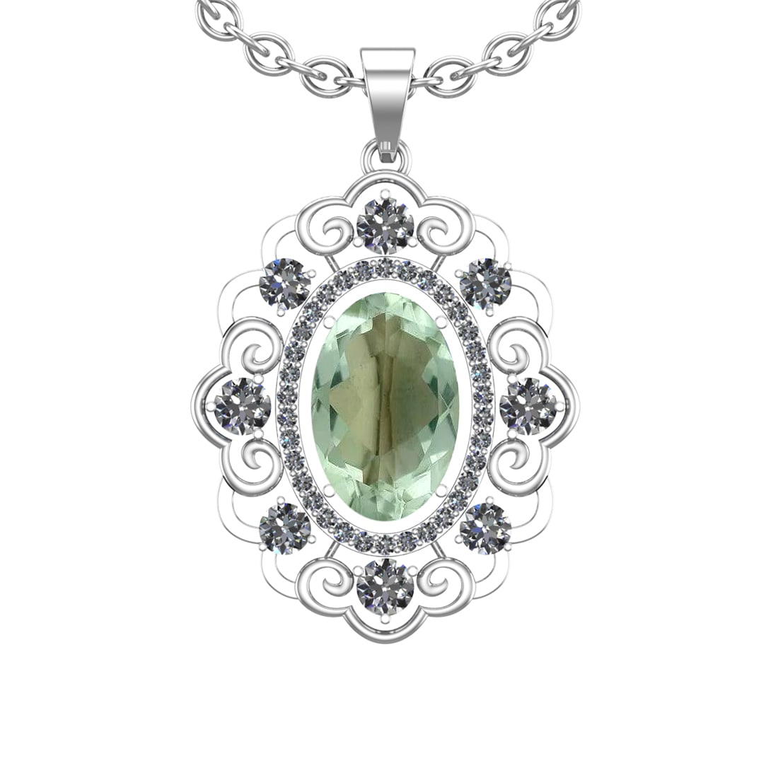 20.23 Ctw I2/I3 Green Amethyst And Diamond 10K White Gold Necklace(ALL DIAM: Center Stone Weight : 16.18 Ctw ( Oval Cut ) Center Stone Color : Green Amethyst Stone Setting : Prong Side Diamond Weight Of Ctw 4.05 Ctw Side Stone Color : J-K Stone Clarity : I2/I3 Stone Setting : 
