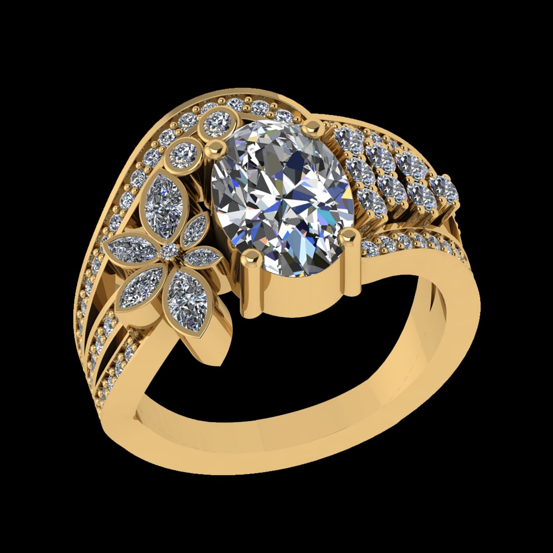 3.48 Ctw VS/SI1 Diamond Prong Set 18k Yellow Gold Engagement Ring (ALL DIAM: Center Daimond Weight :-2.50 Ctw ( Oval Cut) Color : G-H Clarity : VS/SI1 Side Diamond Weight Of Ctw 0.98 Ctw Color : G-H Clarity : VS/SI1 Daimond Setting : Prong Metal Weight : Approx 8.21 gram 18k Y