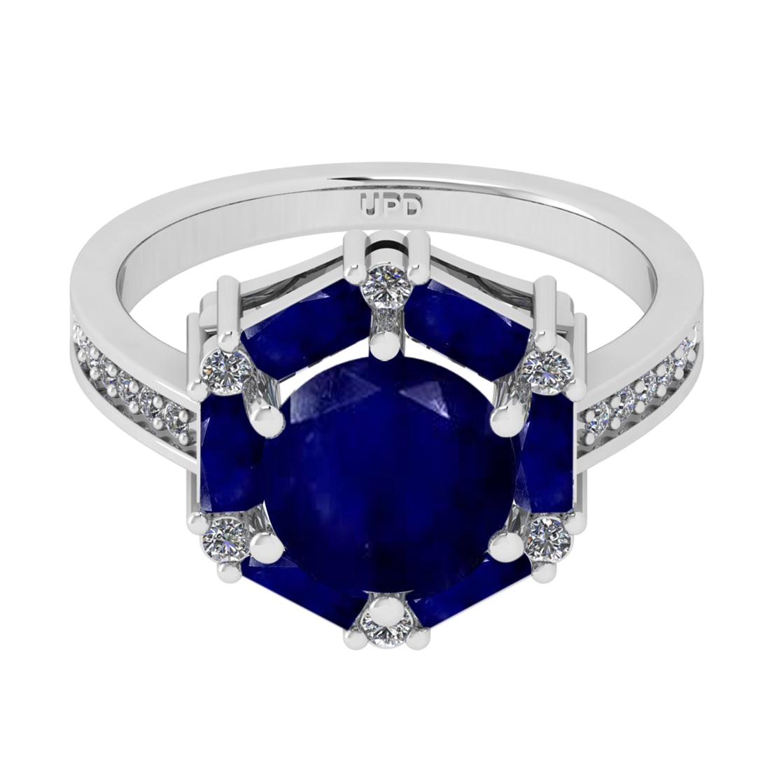 2.77 Ctw VS/SI1 Blue Sapphire and Diamond 14k white Gold Engagement Ring (A: Center Stone Weight :-2.60 Ctw ( Round & Bug Cut) Center Stone Color :-Blue Sapphire Center Stone Setting : Prong Side Diamond Weight Of Ctw :- 0.17 Ctw Color : J-K Clarity : VS/SI1 Daimond Setting : 