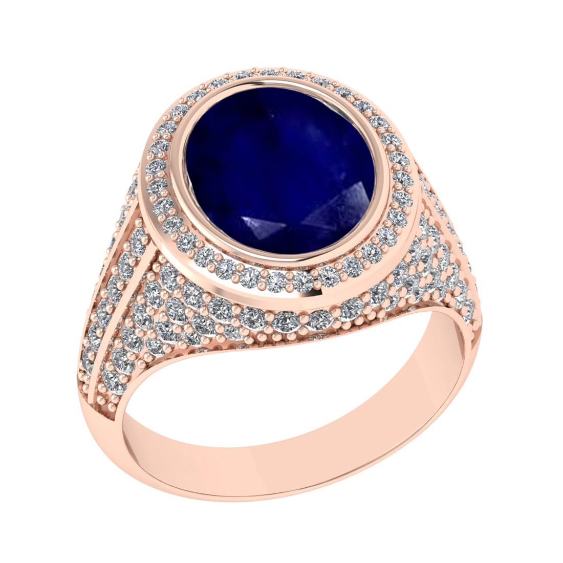 4.70 Ctw VS/SI1 Blue Sapphire and Diamond Prong Set 14K Rose Gold Engagemen: Center Stone Weight : 3.50 Ctw (Oval Cut) Center Stone Color : Blue Sapphire Setting : Prong Side Weight Of Ctw 1.20 Ctw Color : J-K Clarity : VS/SI1 Stone Setting : Prong Metal Weight : Approx 7.90