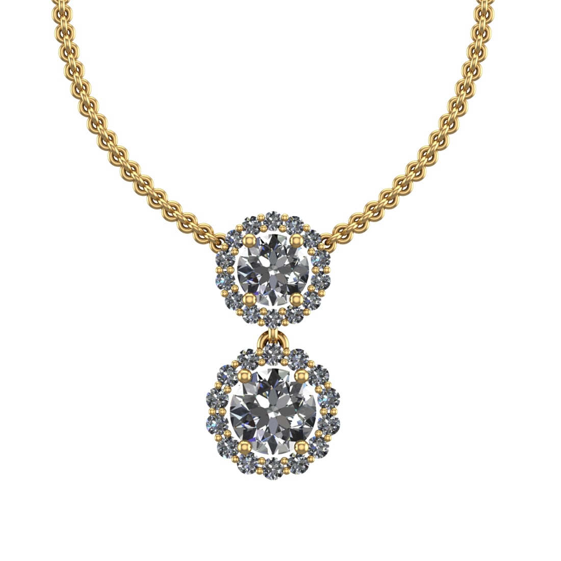 1.76 Ctw SI2/SI1 Diamond Prong Set 14K Yellow Gold Two-Stone Pendant Neckla: Center Daimond Weight :-1.34 Ctw ( Round Cut) Color : G-H Clarity : SI2/SI1 Side Diamond Weight Of Ctw 0.42 Ctw Color : G-H Clarity : SI2/SI1 Daimond Setting : Prong Metal Weight : Approx 3.35 gram 14
