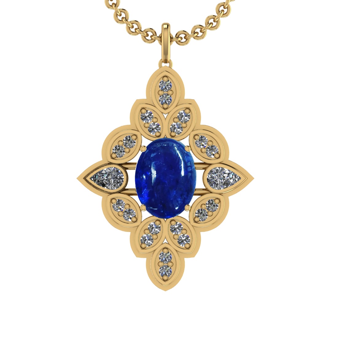 13.55 Ctw VS/SI1 Tanzanite and Diamond 14K Yellow Gold Pendant: Center Stone Weight : 12.45 Ctw ( Oval Cab) Center Stone Color :-Tanzanite Setting : Prong Side Weight Of Ctw 3.10 Ctw Color : J-K Clarity :VS/SI1 Stone Setting : Prong Metal Weight : Approx 14.90 gra