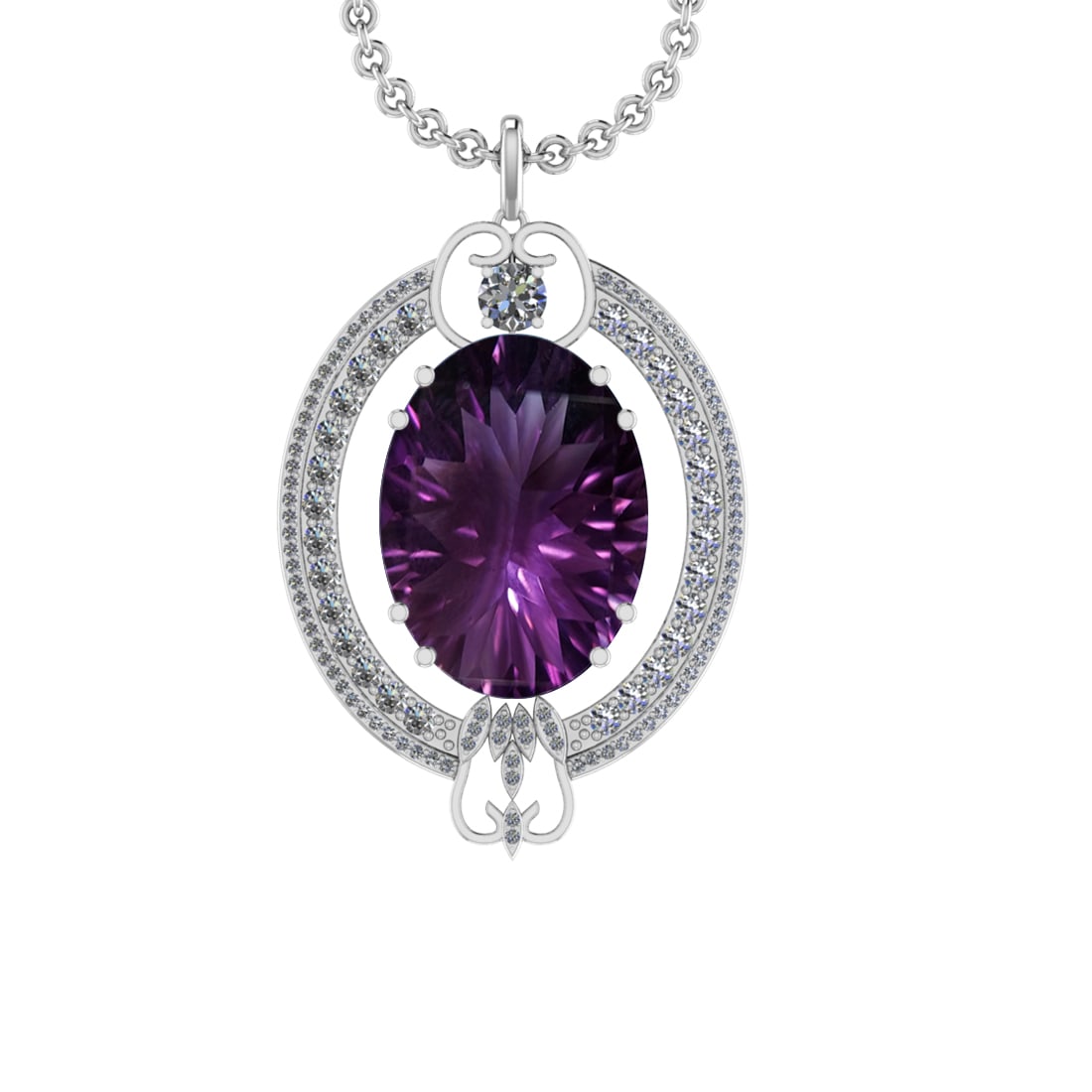 45.78 Ctw VS/SI1 Amethyst and Diamond 14K White Gold Pendant: Center Stone Weight : 42.84 Ctw ( Oval Cut) Center Stone Color :-Amethyst Setting : Prong Side Weight Of Ctw 2.94 Ctw Color : J-K Clarity : VS/SI1 Stone Setting : Prong Metal Weight : Approx 14.90 gra