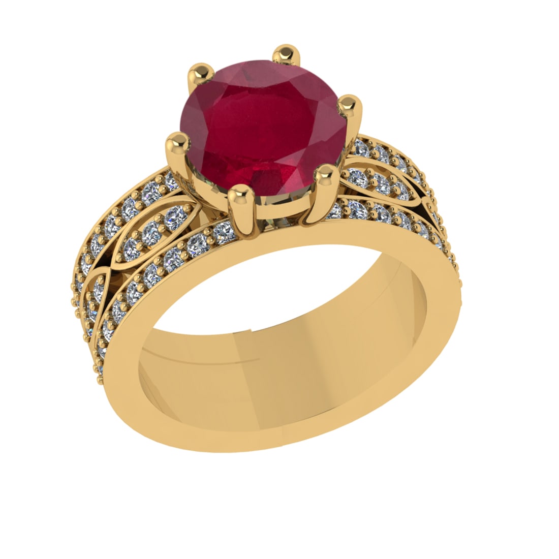 3.47 Ctw VS/SI1 Ruby and Diamond 14k Yellow Gold Engagement Ring (ALL DIAMO: Center Stone Weight :-2.75 Ctw ( Round Cut) Center Stone Color :-Ruby Center Stone Setting : Prong Side Diamond Weight Of Ctw 0.72 Ctw Color : G-H Clarity : VS/SI1 Daimond Setting : Prong Metal