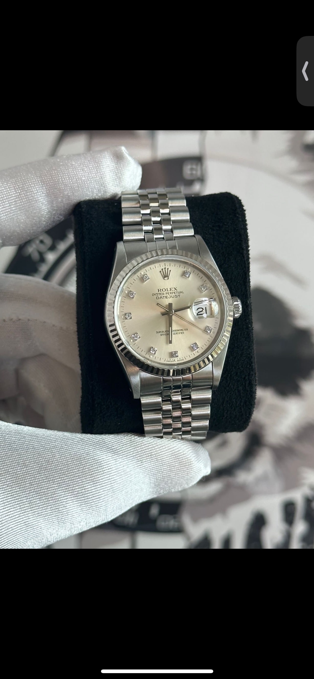 USED ROLEX 36 MM COMES W/FACTORY DIAMONDS IN LIKE NEW CONDITION COMES WITH: USED ROLEX 36 MM COMES W/FACTORY DIAMONDS IN LIKE NEW CONDITION COMES WITH BOX & APPRAISAL #3SS10645v8