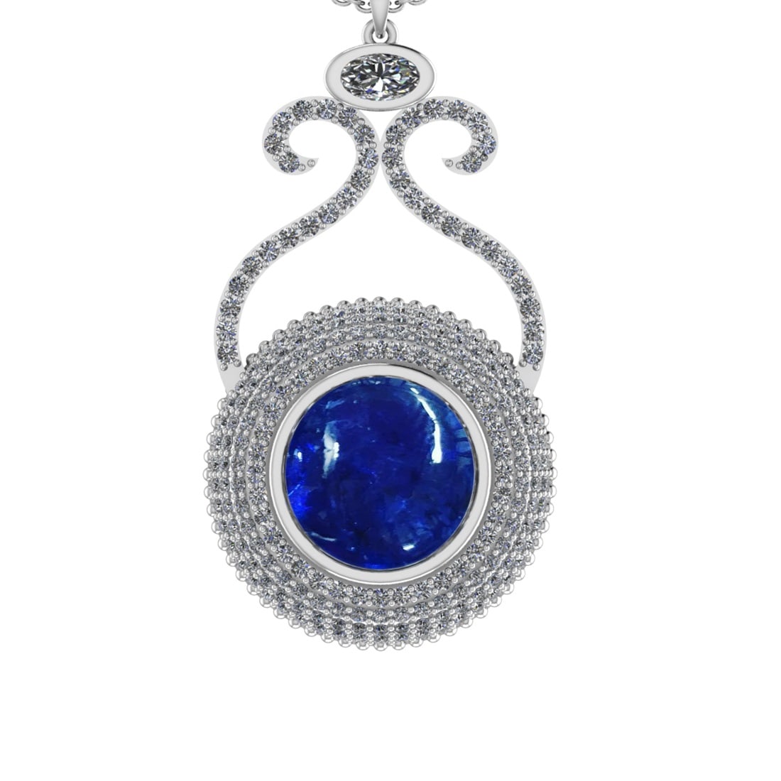 10.51 Ctw SI1/SI2 Tanzanite and Diamond 14k white Gold Pandant (ALL DIAMOND: Center Stone Weight :-8.50 Ctw ( Round Cab) Center Stone Color :-Tanzanite Center Stone Setting : Prong Side Diamond Weight Of Ctw 2.01 Ctw Color : J-K Clarity : SI1/SI2 Stone Setting : Prong Metal We