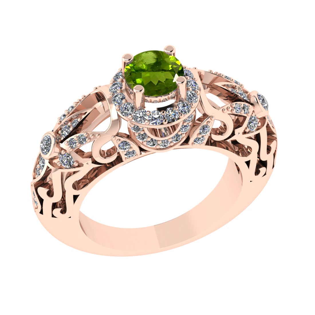1.45 Ctw VS/SI1 Peridot and Diamond Set 10K Rose Gold Engagement Ring (ALL: Center Stone Weight :-0.84 Ctw ( Round Cut) Center Stone Color :-Peridot Center Stone Setting : Prong Side Diamond Weight Of Ctw 0.61 Ctw Color : J-K Clarity : VS/SI1 Daimond Setting : Prong Metal Wei