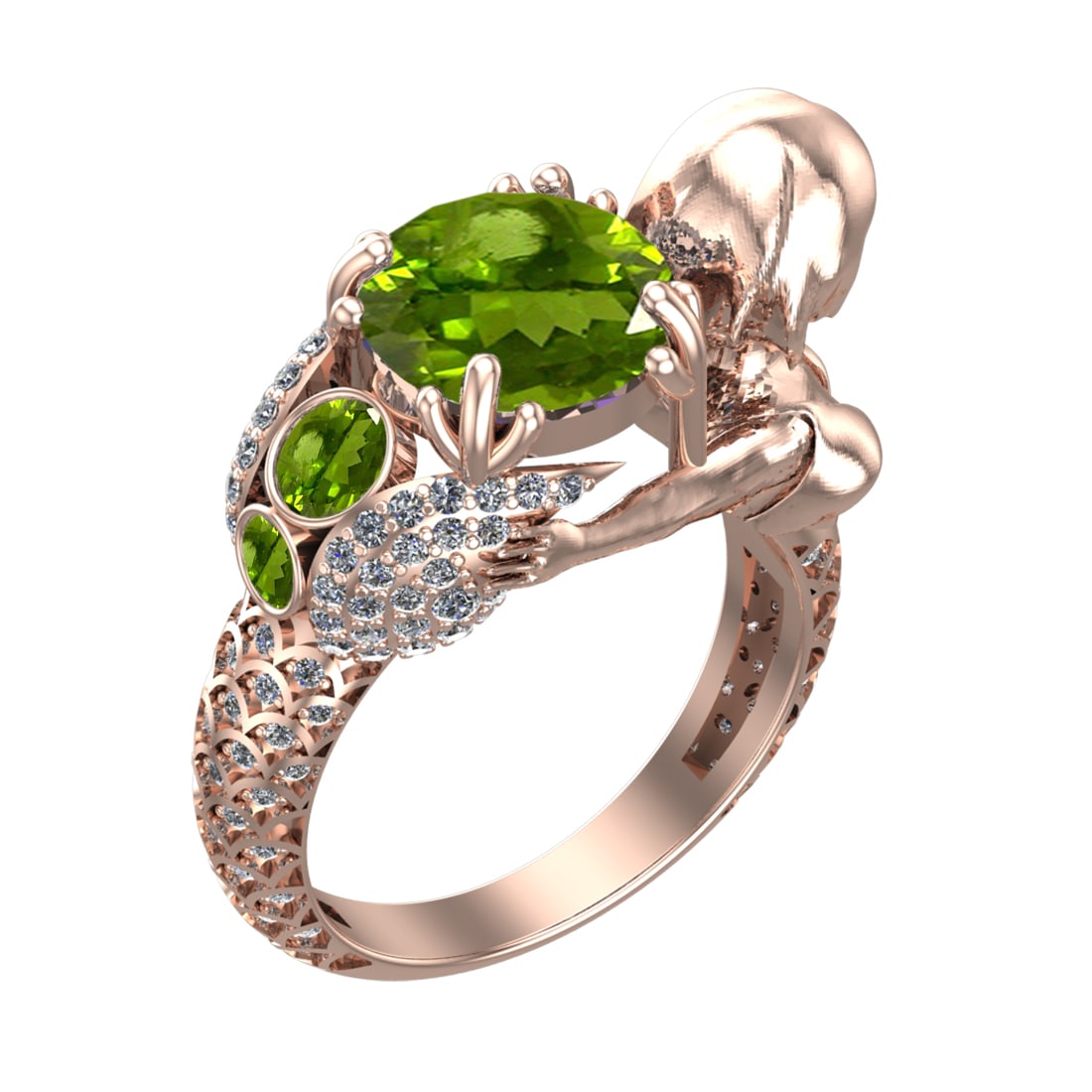4.92 Ctw VS/SI1 Peridot and Diamond Set 10K Rose Gold Engagement Ring (ALL: Center Stone Weight :-3.87 Ctw ( Round Cut) Center Stone Color :-Peridot Center Stone Setting : Prong Side Diamond Weight Of Ctw 1.05 Ctw Color : J-K Clarity : VS/SI1 Daimond Setting : Prong Metal Wei