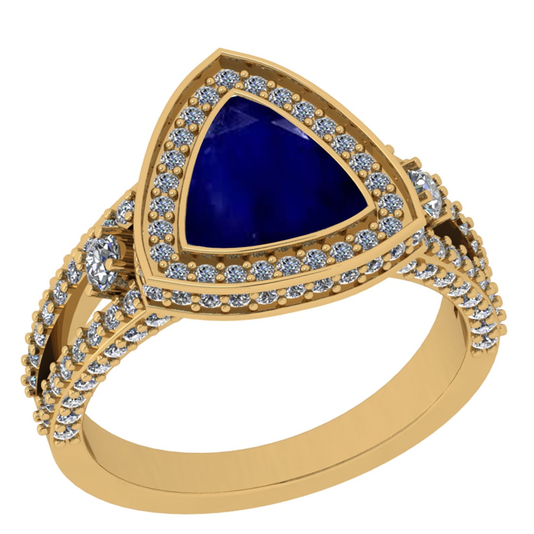 2.99 Ctw VS/SI1 Blue Sapphire And Diamond 14K Yellow Gold Cocktail Ring: Center Stone Weight : 2.00 Ctw (Trillion Cut) Center Stone Color : Blue Sapphire Stone Setting : Prong Side Stone Weight Of Ctw 0.99 Ctw Side Stone Color : J-K Stone Clarity : VS/SI1 Stone Setting : P