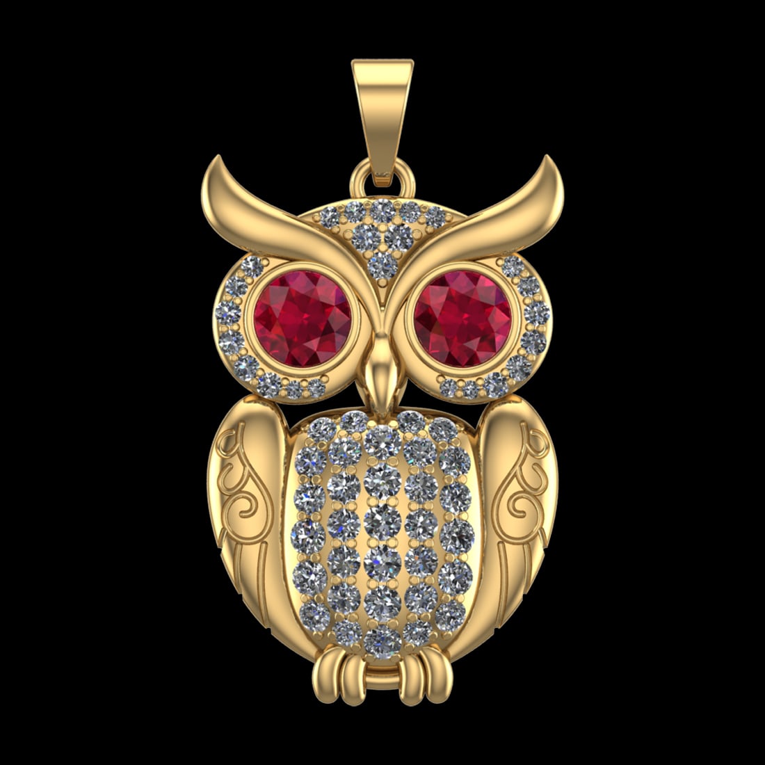 2.10 Ctw VS/SI1 Ruby And Diamond Prong Set 10K Yellow Gold Animal theme Owl: Eye Stone weight :- Ctw :- 1.00 Ctw ( Round cut ) Eye Stone Color :- Ruby Total Diamond Weight Of Ctw :- 1.10 Ctw Color : J-K Clarity : VS/SI1 Setting : Prong Metal Weight : Approx 9.02 gram 10K Yello