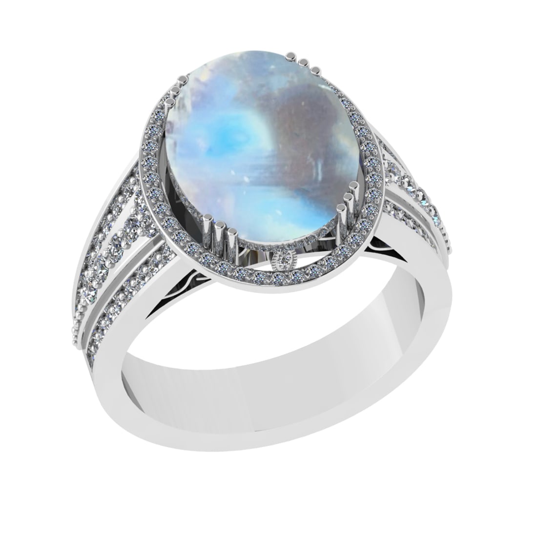 5.95 Ctw I2/I3 Rainbow Moonstone And Diamond 10K White Gold Engagement Ring: Center Stone Weight : 5.35 Ctw ( Oval Cab ) Center Stone Color : Rainbow Moonstone Stone Setting : Prong Side Diamond Weight Of Ctw 0.60 Ctw Side Stone Color : J-K Stone Clarity : I2/I3 Stone Setting 