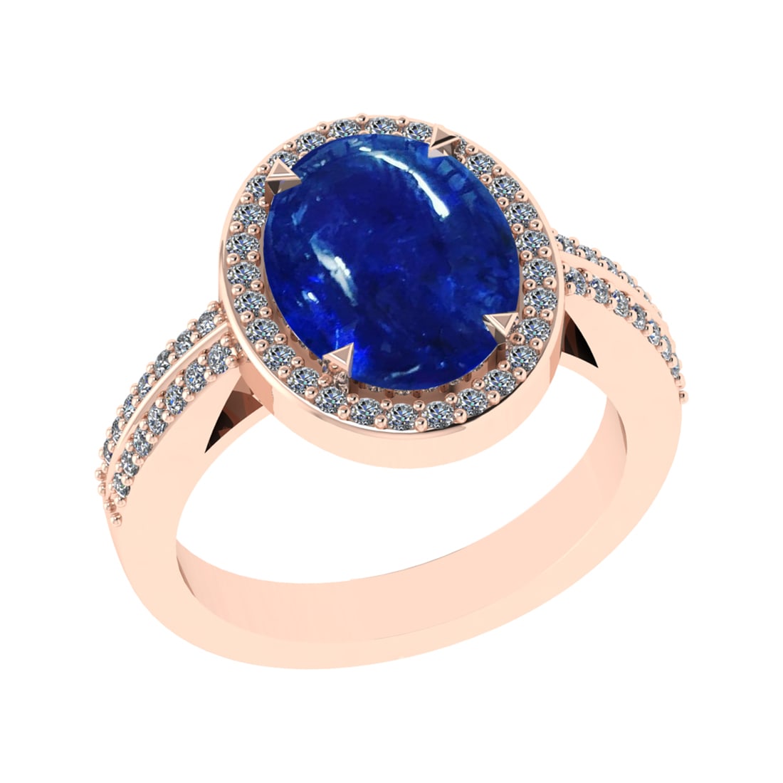 5.54 Ctw VS/SI1 Tanzanite and Diamond Prong Set 14K Rose Gold Engagement Ri: Color Stone Weight : 5.02 Ctw (Oval Cab) Stone Color :- Tanzanite Center Stone Setting : Prong Side Weight Of Ctw 0.52 Ctw Color : J-K Clarity : VS/SI1 Stone Setting : Prong Metal Weight : Approx 6.20