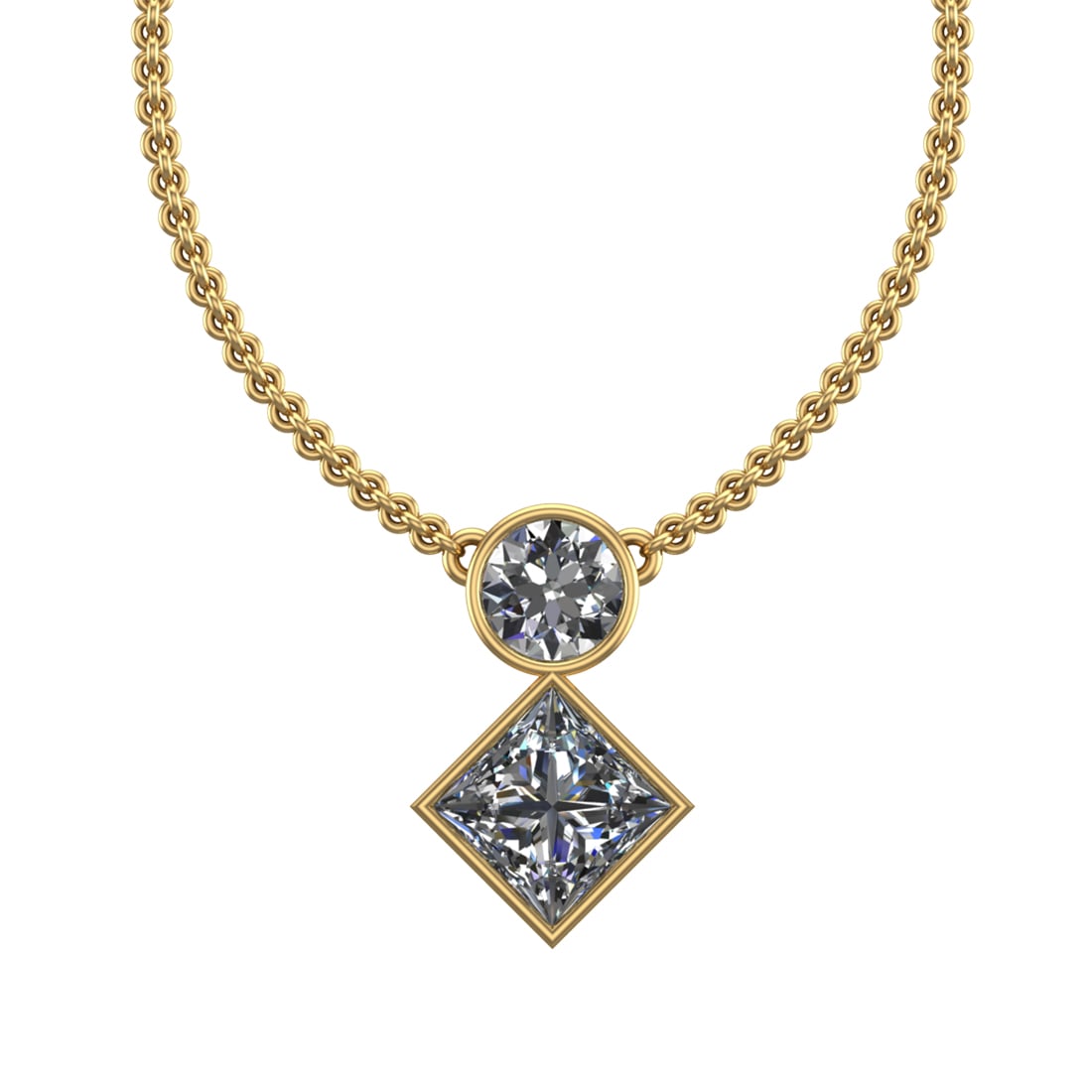 1.75 Ctw SI2/SI1 Diamond Prong Set 14K Yellow Gold Two-Stone Pendant Neckla: Total Daimond Weight :-1.75 Ctw ( Round & Princess cut ) Color : G-H Clarity : SI2/SI1 Setting : Prong Metal Weight : Approx 2.46 gram 14K Yellow Gold Two-Stone Pendant Necklace (ALL DIAMOND ARE LAB G