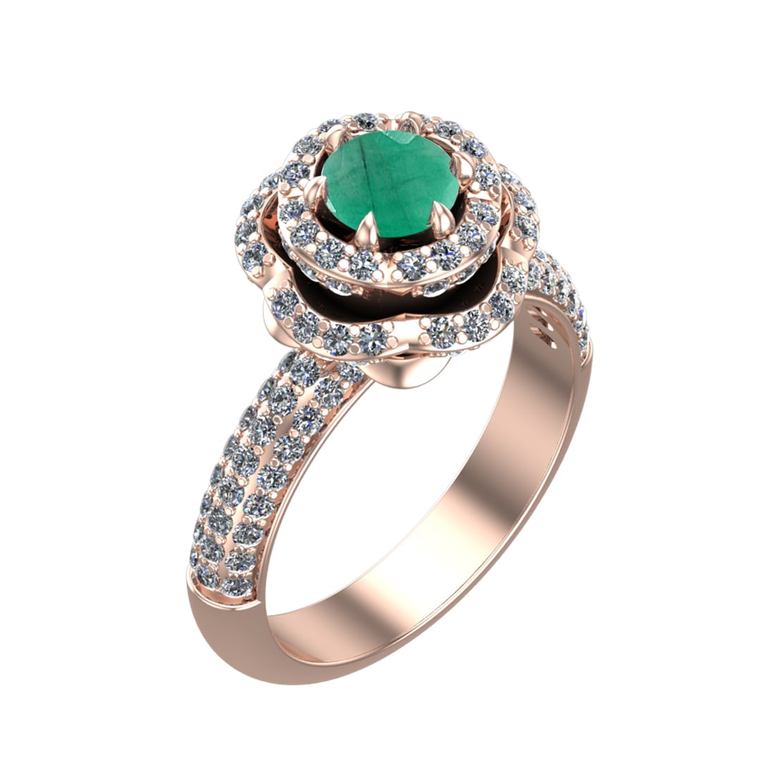 2.22 Ctw VS/SI1 Emeraldand Diamond Prong Set 14k Rose Gold Engagement Ring: Center Stone Weight :-0.84 Ctw ( Round Cut ) Center Stone Color :-Emerald Center Stone Setting : Prong Side Diamond Weight Of Ctw :- 1.38 Ctw Color : J-K Clarity : VS/SI1 Daimond Setting : Prong Metal