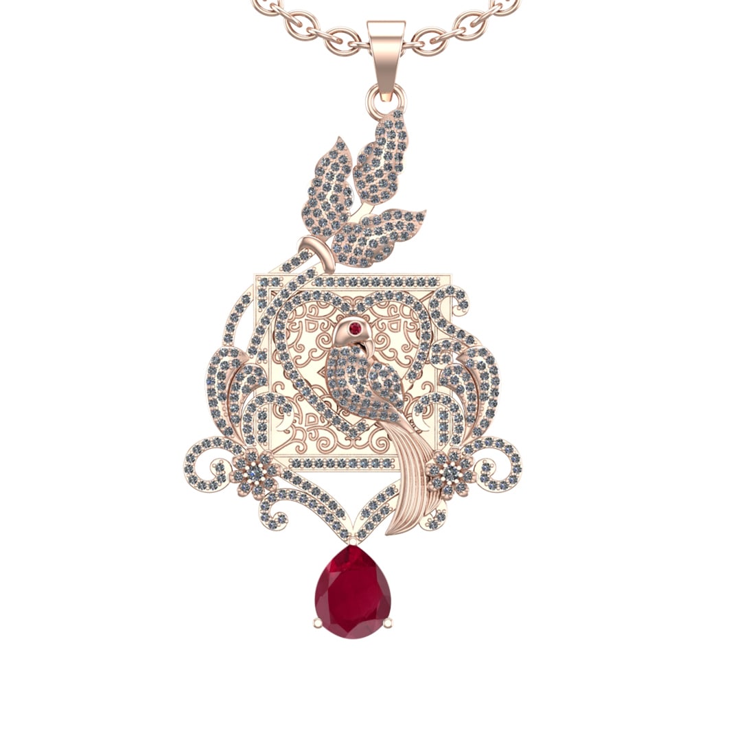 4.41 Ctw VS/SI1 Ruby and Diamond Prong Set 14K Rose Gold Pendant (ALL DIAMO: Eye stone Weight :-0.01 ctw Eye stone Color :- Ruby Center Stone Weight : 2.50 Ctw (Pear Cut) Center Stone Color : Ruby Setting : Prong Side Weight Of Ctw 1.90 Ctw Color : J-K Clarity : VS/SI1 Stone