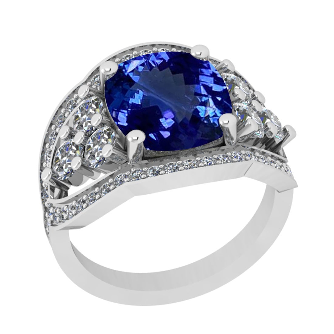 6.51 Ctw VS/SI1 Tanzanite And Diamond 18k White Gold Cocktail Ring: Center Stone Weight : 5.09 Ctw (Cushion Cut ) Center Stone Color : Tanzanite Stone Setting : Prong Side Stone Weight Of Ctw 1.42 Ctw Side Stone Color : J-K Stone Clarity : VS/SI1 Stone Setting :