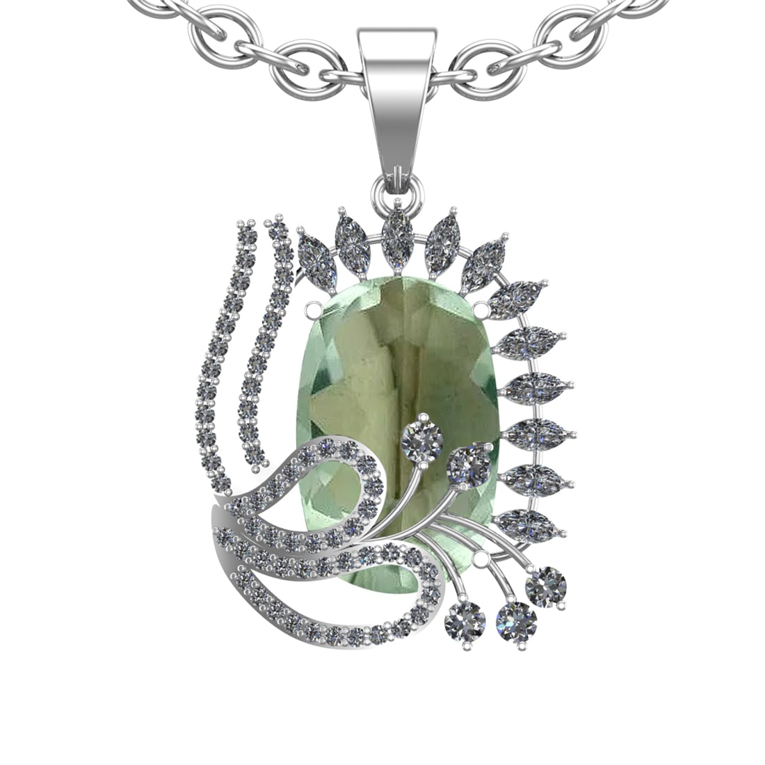 20.43 Ctw I2/I3 Green Amethyst And Diamond 10K White Gold Necklace(ALL DIAM: Center Stone Weight : 18.52 Ctw ( Cushion Cut ) Center Stone Color : Green Amethyst Stone Setting : Prong Side Diamond Weight Of Ctw 1.91 Ctw Side Stone Color : J-K Stone Clarity : I2/I3 Stone Setting
