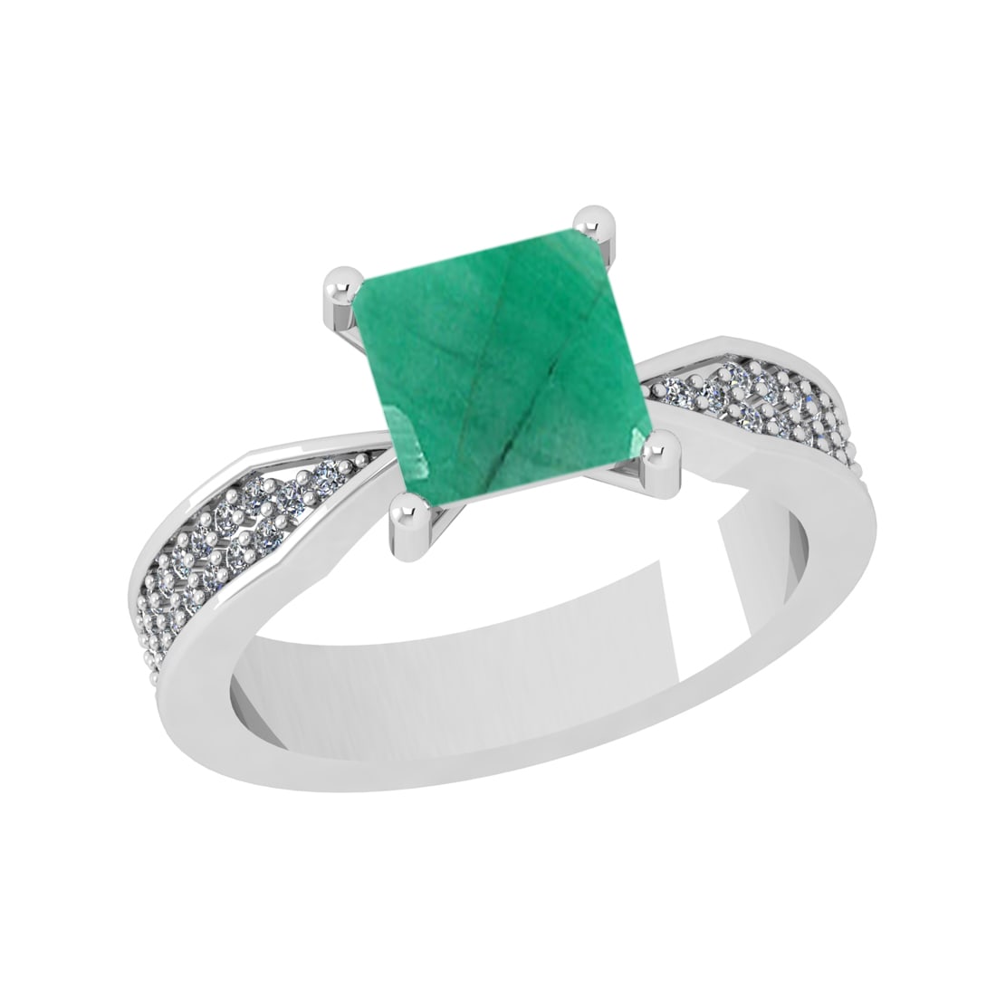1.58 Ctw VS/SI1 Emeraldand Diamond Prong Set 14k white Gold Engagement Ring: Center Stone Weight :-1.30 Ctw ( Princess Cut ) Center Stone Color :-Emerald Center Stone Setting : Prong Side Diamond Weight Of Ctw :- 0.28 Ctw Color : J-K Clarity : VS/SI1 Daimond Setting : Prong Me
