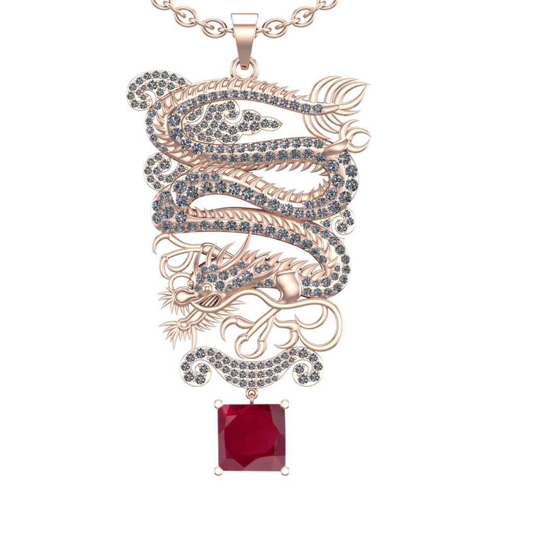6.40 Ctw VS/SI1 Ruby and Diamond Prong Set 14K Rose Gold Pendant (ALL DIAMO: Center Stone Weight : 2.50 Ctw (Princess Cut) Center Stone Color : Ruby Setting : Prong Side Weight Of Ctw 3.90 Ctw Color : J-K Clarity : VS/SI1 Stone Setting : Prong Metal Weight : Approx 37.10 gram 