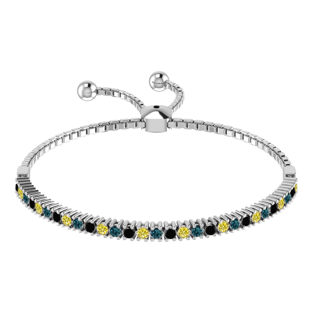 0.50 Ctw I2/I3 Treated Fancy black,Blue,Yellow diamond Prong Set 14k Yellow: Multi Daimond Weight :-0.50 Ctw Color : Treated Fancy black,Blue,Yellow diamond Clarity : I2/I3 Setting : Prong Metal Weight : Approx 6.20 gram 14k Yellow Gold Tennis Slide Bracelet MJ3413-1.7SB #3SS9