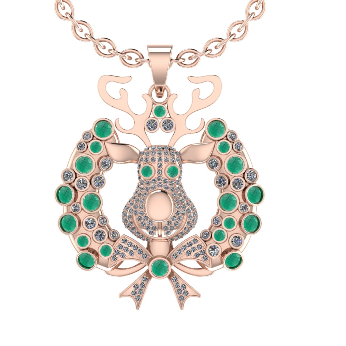 3.02Ctw VS/SI1 Emerald and Diamond 14K Rose Gold Necklace(ALL DIAMOND ARE L: Center Stone Weight 1.79Ctw (Round cut) Color :- Emerald Center Stone Setting : Prong Side Diamond Weight Of Ctw1.23Ctw Color : J-K Clarity : VS/SI1 Stone Setting : Prong Metal Weight :