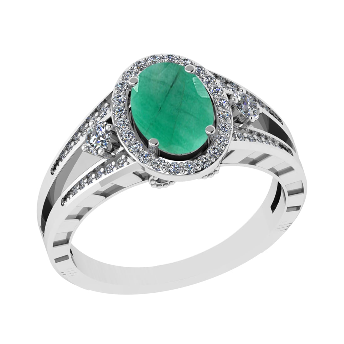 1.61 Ctw VS/SI1 Emerald and Diamond 14k White Gold Engagement Halo Ring (LA: Center Stone Weight :- 1.25 Ctw ( Oval Cut) Color :- Emerald Center Stone Setting : Prong Side Diamond Weight Of Ctw 0.36 Ctw Color : G-H Clarity : VS/SI1 Stone Setting : Prong Metal Weight : Approx