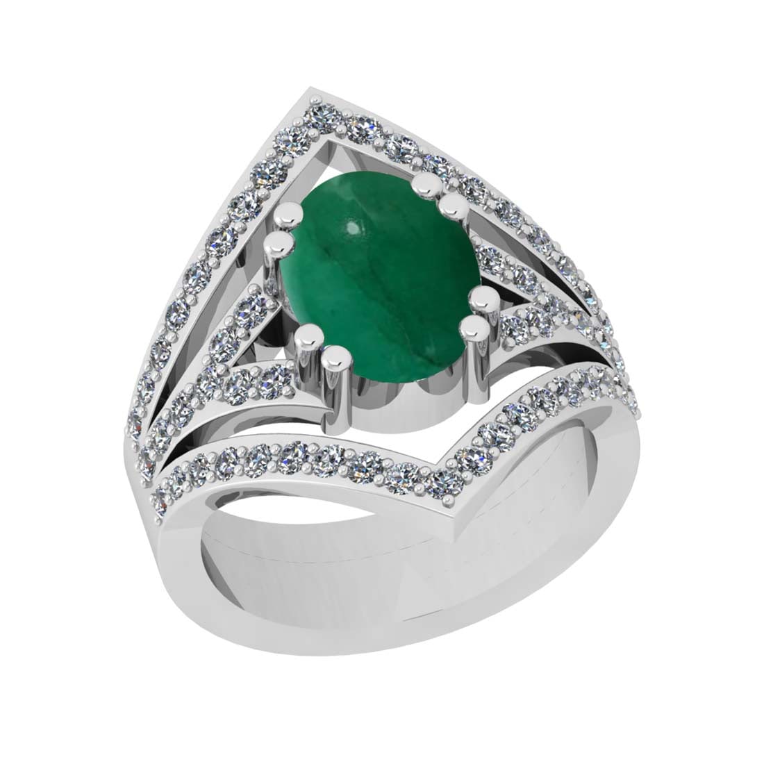 4.04 Ctw VS/SI1 Emerald and Diamond Prong Set 14k White Gold Engagement Rin: Center Stone Weight :-3.07 Ctw ( Oval Cab ) Center Stone Color :-Emerald Center Stone Setting : Prong Side Diamond Weight Of Ctw :- 0.97 Ctw Color : J-K Clarity : VS/SI1 Daimond Setting : Prong Metal 