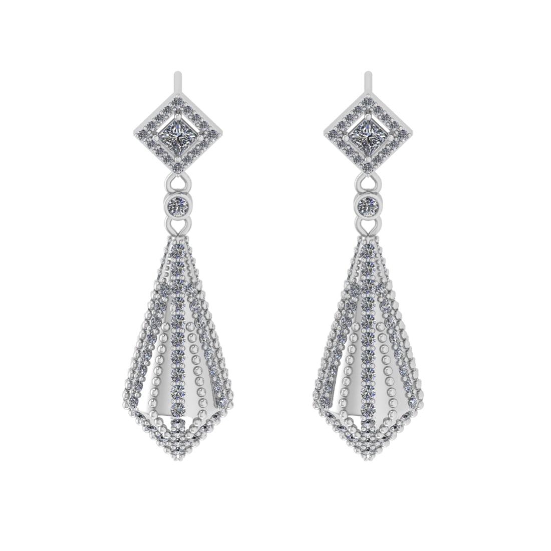 2.11 Ctw VS/SI1 Diamond 14k white Gold Dangle Earrings (ALL DIAMOND ARE LAB: Center Daimond Weight :-0.36 Ctw ( Princess Cut) Color : G-H Clarity : VS/SI1 Side Diamond Weight Of Ctw 1.75 Ctw Color : G-H Clarity : VS/SI1 Daimond Setting : Prong Metal Weight : Approx 6.46 gram 1