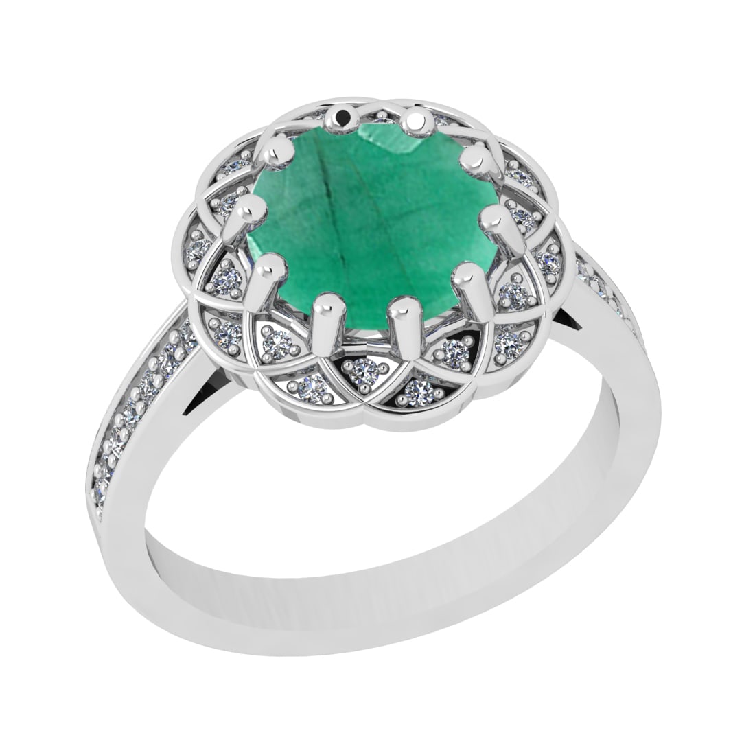 2.68 Ctw VS/SI1 Emeraldand Diamond Prong Set 14k white Gold Engagement Ring: Center Stone Weight :-2.43 Ctw ( Round Cut ) Center Stone Color :-Emerald Center Stone Setting : Prong Side Diamond Weight Of Ctw :- 0.25 Ctw Color : J-K Clarity : VS/SI1 Daimond Setting : Prong Metal