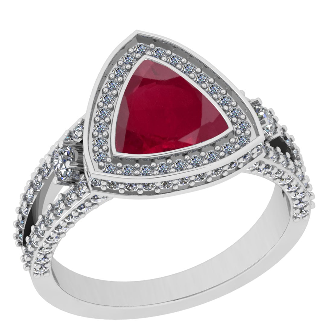 2.99 Ctw VS/SI1 Ruby And Diamond 14K White Gold Cocktail Ring: Center Stone Weight : 2.00 Ctw (Trillion Cut) Center Stone Color : Ruby Stone Setting : Prong Side Stone Weight Of Ctw 0.99 Ctw Side Stone Color : J-K Stone Clarity : VS/SI1 Stone Setting : Prong Meta