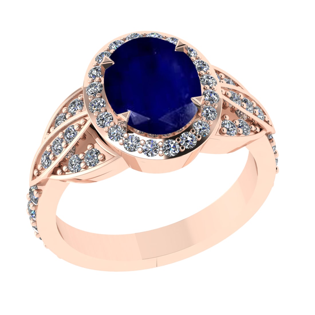 3.26 Ctw VS/SI1 Blue Sapphire and Diamond 14k Rose Gold Engagement Ring (AL: Center Stone Weight :-2.50 Ctw ( Oval Cut) Center Stone Color :-Blue Sapphire Center Stone Setting : Prong Side Diamond Weight Of Ctw 0.76 Ctw Color : G-H Clarity : VS/SI1 Daimond Setting : Prong Meta