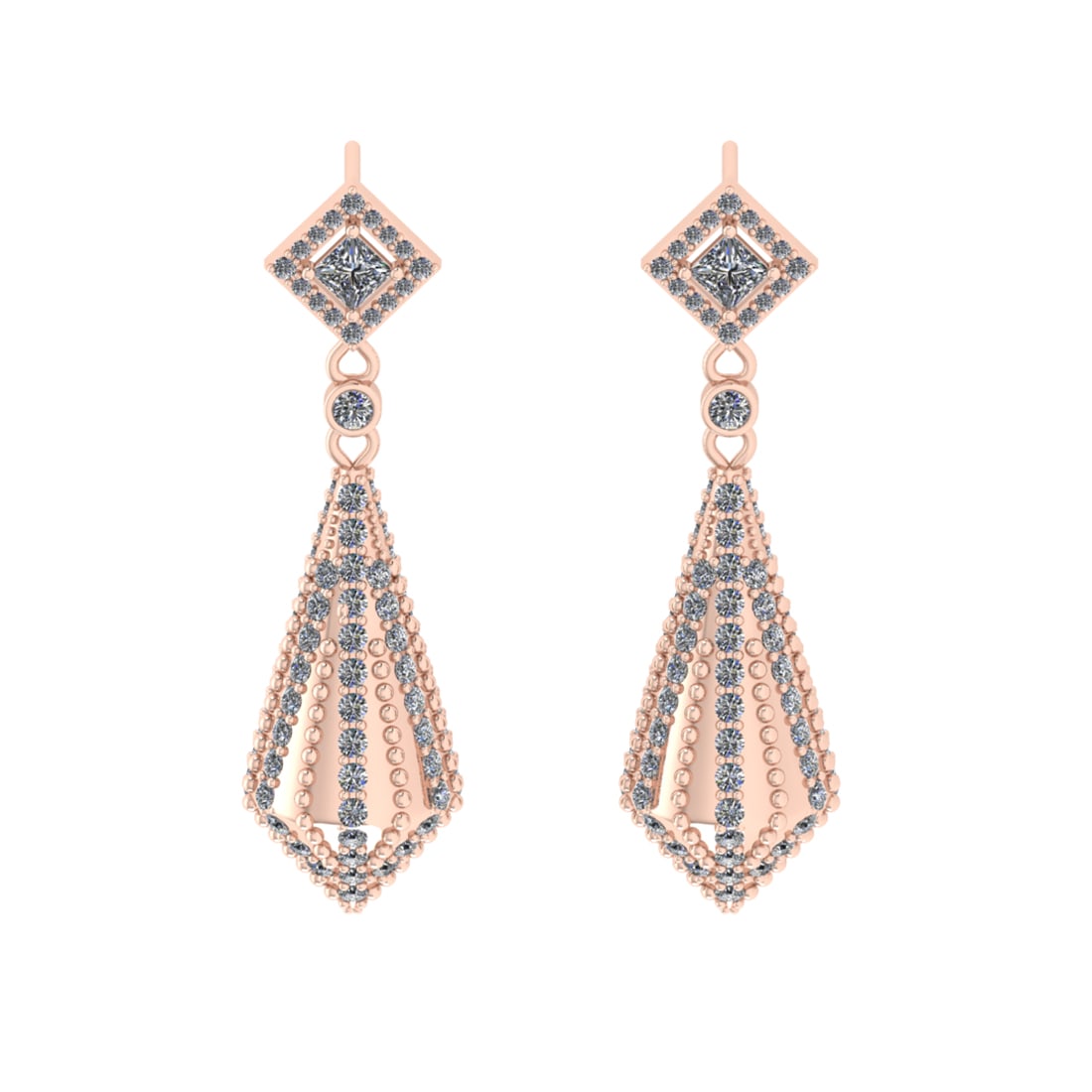 2.11 Ctw VS/SI1 Diamond 14k Rose Gold Dangle Earrings (ALL DIAMOND ARE LAB: Center Daimond Weight :-0.36 Ctw ( Princess Cut) Color : G-H Clarity : VS/SI1 Side Diamond Weight Of Ctw 1.75 Ctw Color : G-H Clarity : VS/SI1 Daimond Setting : Prong Metal Weight : Approx 6.46 gram 1