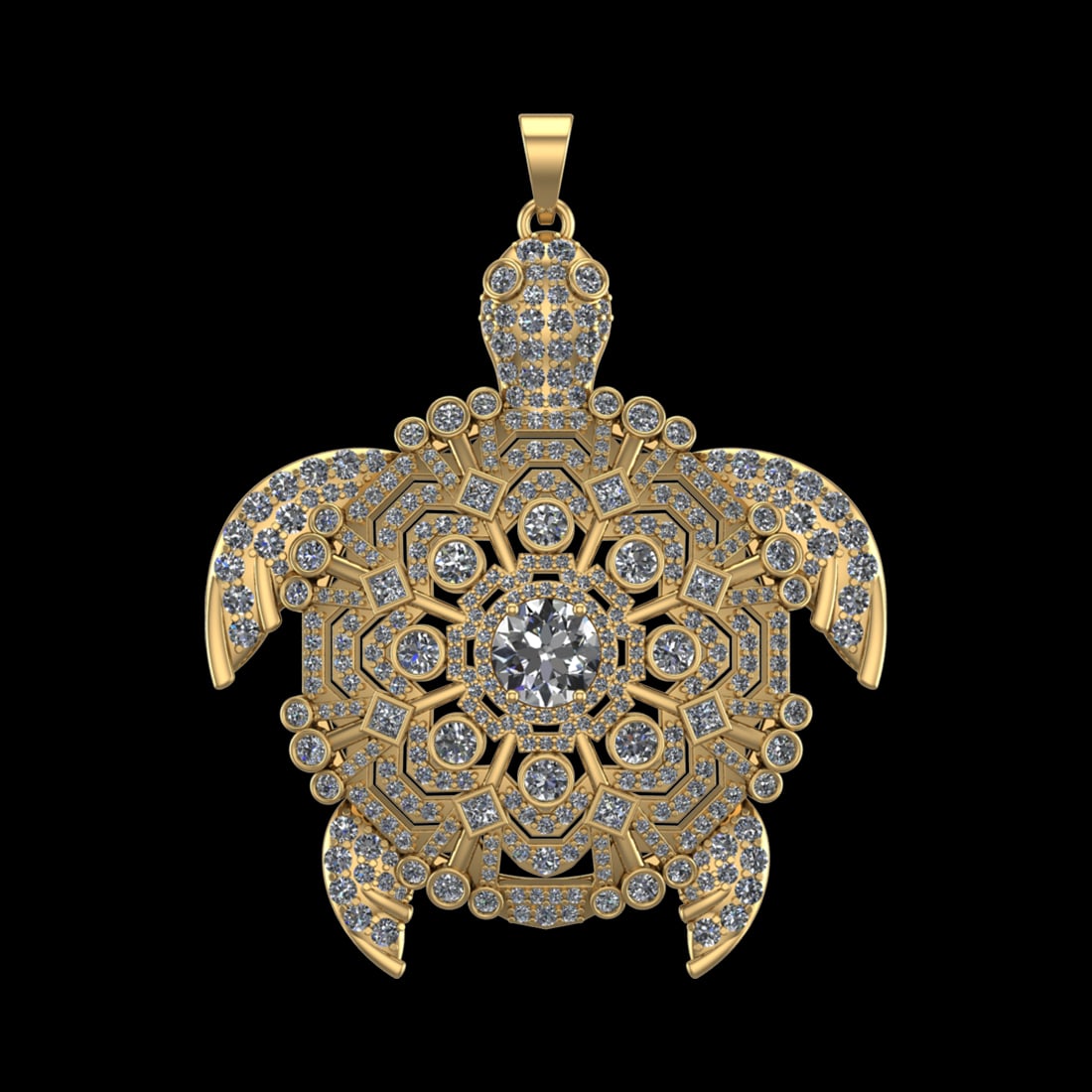 11.77 Ctw SI1/SI2Diamond Prong Set 10k Yellow Gold Turtle Theme Pendant (AL: Center Daimond Weight :-2.75 Ctw ( Round Cut) Color : J-K Clarity : SI1/SI2 Side Diamond Weight Of Ctw 9.02 Ctw Color : J-K Clarity : SI1/SI2 Daimond Setting : Prong Metal Weight : Approx 46.22 gram