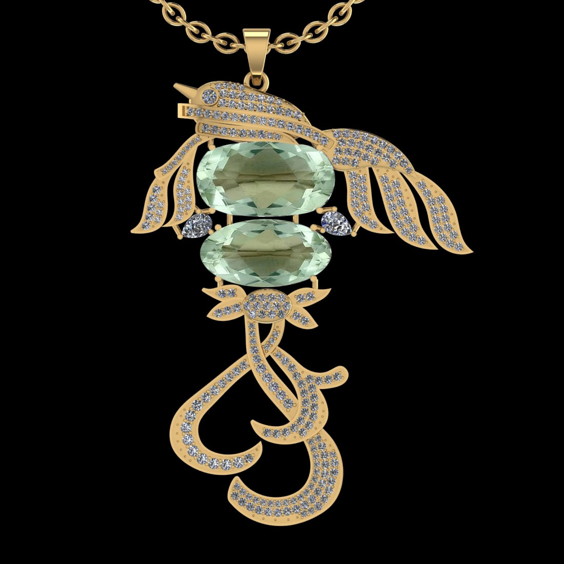 35.56 Ctw VS/SI1 Green Amethyst And Diamond 14k Yellow Gold Pendant Neklace: Center Stone Weight : 31.03 Ctw ( Oval Cut ) Center Stone Color : Green Amethyst Stone Setting : Prong Side Diamond Weight Of Ctw 4.53 Ctw Side Stone Color : J-K Stone Clarity : VS/SI1 Stone Setting :