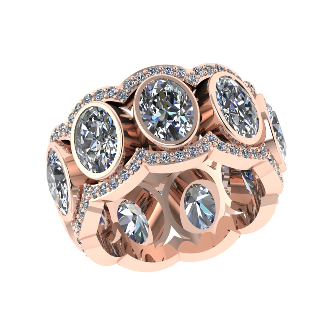 7.61 Ctw SI2/SI1 Diamond 14k Rose Gold Eternity Band Ring: Center Daimond Weight :-6.75 Ctw ( Oval Cut) Color : G-H Clarity : SI2/SI1 Side Diamond Weight Of Ctw 0.86 Ctw Color : G-H Clarity : SI2/SI1 Daimond Setting : Prong Metal Weight : Approx 7.21 gram 14k