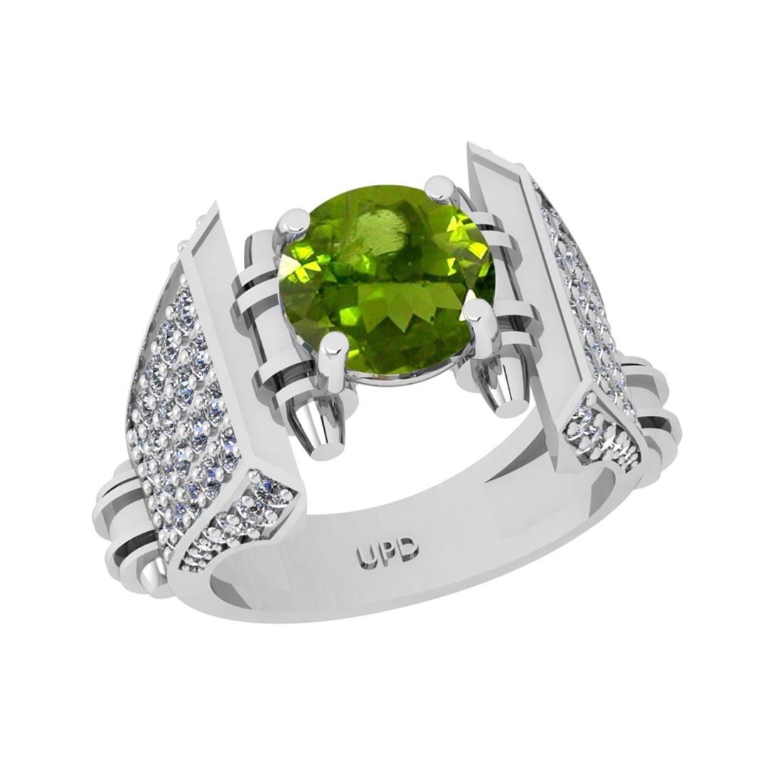 3.62 Ctw VS/SI1 Peridot and Diamond Set 10K white Gold Engagement Ring (ALL: Center Stone Weight :-2.43 Ctw ( Round Cut) Center Stone Color :-Peridot Center Stone Setting : Prong Side Diamond Weight Of Ctw 1.19 Ctw Color : J-K Clarity : VS/SI1 Daimond Setting : Prong Metal Wei