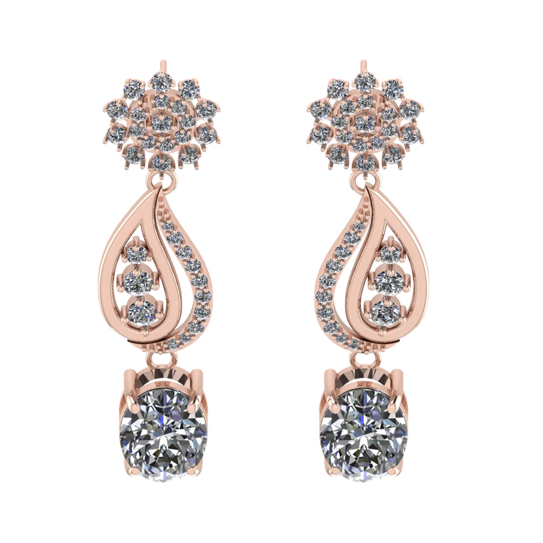 13.57 Ctw VS/SI1 Diamond Prong Set 14K Rose Gold Dangle Stud Earrings (ALL: Center Daimond Weight :-10.10 Ctw ( Oval Cut IGI Certified ) Color : G-H Clarity : VS/SI1 Side Diamond Weight Of Ctw 3.47 Ctw Color : G-H Clarity : VS/SI1 Daimond Setting : Prong Metal Weight : Approx