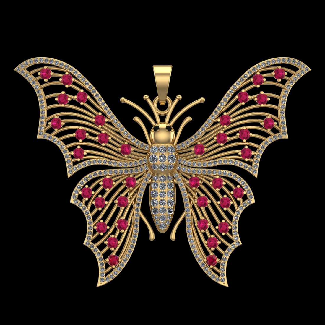 4.54 Ctw VS/SI1 Ruby and Diamond 10k Yellow Gold Butterfly Pendant (ALL DIA: Eye Stone Weight :- 0.02 ctw Eye Stone Color :- Treated Fancy Black Diamond Color Stone Weight :-2.69 Ctw Stone Color :-Ruby Side Diamond Weight Of Ctw 1.82 Ctw Color : J-K Clarity : VS/SI1 Daimond Se