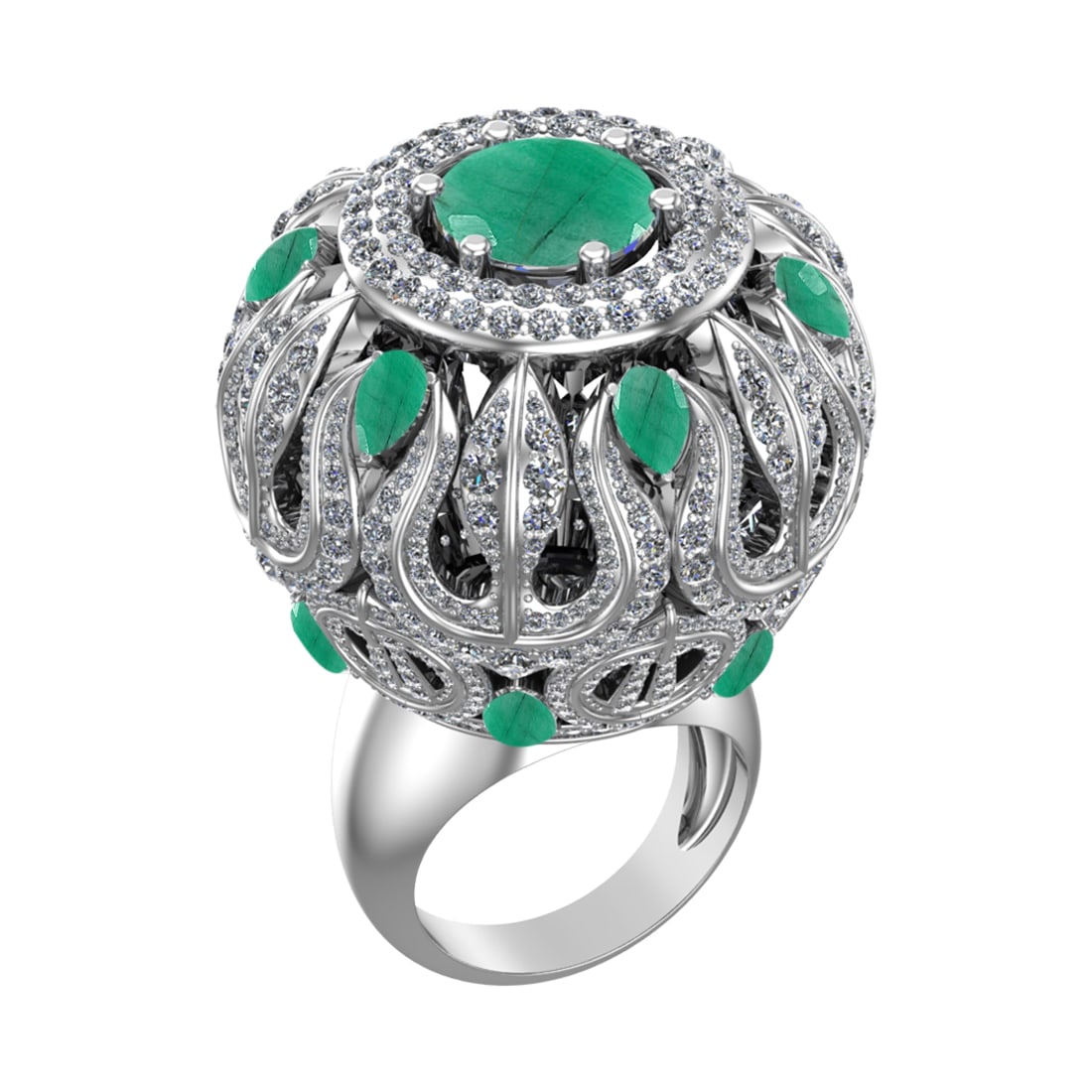 17.72 Ctw VS/SI1 Emerald and Diamond 14k white Gold Engagement Ring (ALL DI: Center Stone Weight :-9.84 Ctw ( Round & Pear Cut) Center Stone Color :-Emerald Center Stone Setting : Prong Side Diamond Weight Of Ctw :- 7.88 Ctw Color : J-K Clarity : VS/SI1 Daimond Setting : Prong