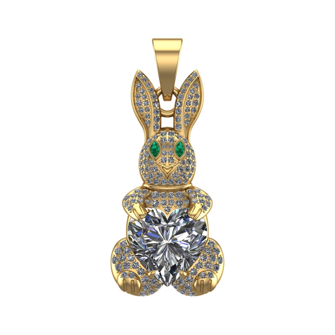 6.75 Ctw SI2/SI1 Diamond Prong Set 14k Yellow Gold Rabbit Theme Pendant (AL: Eye Stone Weight :- 0.05 ctw ( Marquise Cut) stone color :-Emerald setting :- Prong Center Daimond Weight :-5.50 Ctw ( Heart Cut) Color : G-H Clarity : SI2/SI1 Side Diamond Weight Of Ctw 1.20 Ctw Colo