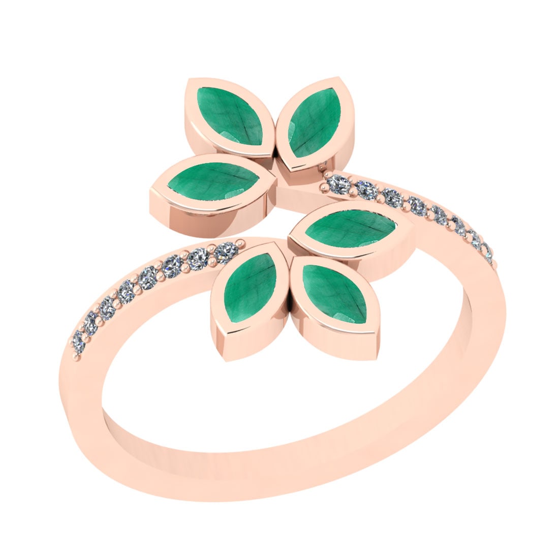 0.72 Ctw VS/SI1 Emerald And Diamond 14K Rose Gold Bypass Ring: Center Stone Weight : 0.60 Ctw (Marquise Cut) Center Stone Color : Emerald Stone Setting : Prong Side Stone Weight Of Ctw 0.12 Ctw Side Stone Color : J-K Stone Clarity : VS/SI1 Stone Setting : Prong M