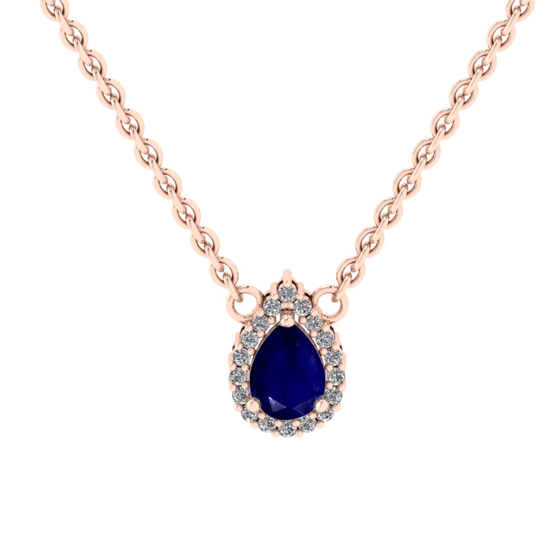 0.89 Ctw VS/SI1 Blue sapphire and Diamond Prong Set 14K Rose Gold Necklace: Center stone Weight :-: 0.75 Ctw ( Pear Cut) Color :- Blue sapphire Center Stone Setting : Prong Side Diamond Weight Of Ctw 0.14 Ctw Color : J-K Clarity : VS/SI1 Stone Setting : Prong Metal Weight : A