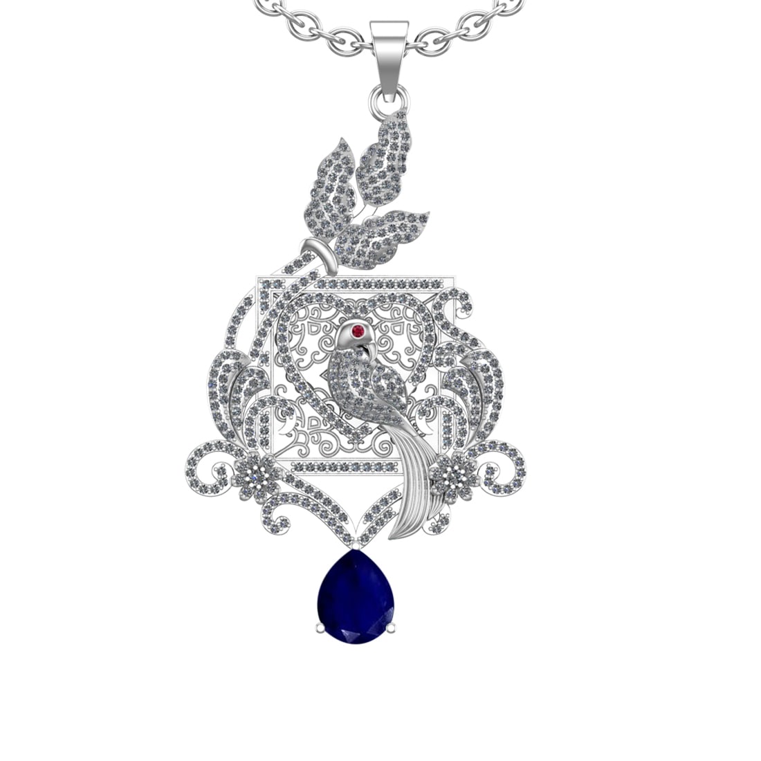 4.41 Ctw VS/SI1 Blue Sapphire and Diamond Prong Set 14K White Gold Pendant: Eye stone Weight :-0.01 ctw Eye stone Color :- Ruby Center Stone Weight : 2.50 Ctw (Pear Cut) Center Stone Color : Blue Sapphire Setting : Prong Side Weight Of Ctw 1.90 Ctw Color : J-K Clarity : VS/SI
