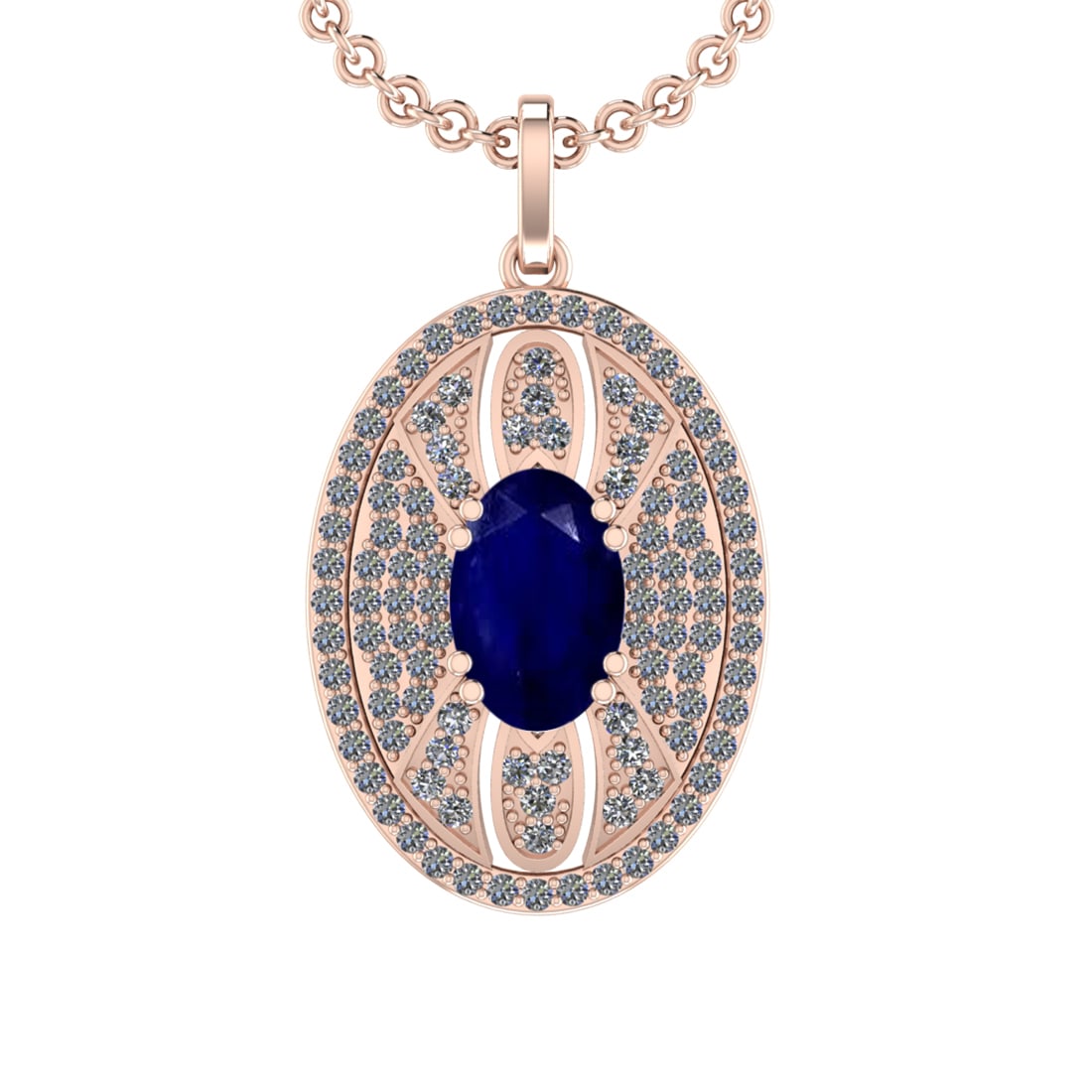5.15 Ctw VS/SI1 Blue Sapphire and Diamond 14K Rose Gold Pendant (ALL DIAMON: Center Stone Weight :-3.50 Ctw ( Oval Cut) Color :- Blue Sapphire Setting : Prong Side Diamond Weight Of Ctw 1.65 Ctw Color : J-K Clarity : VS/SI1 Stone Setting : Prong Metal Weight : Approx 10.50 gra