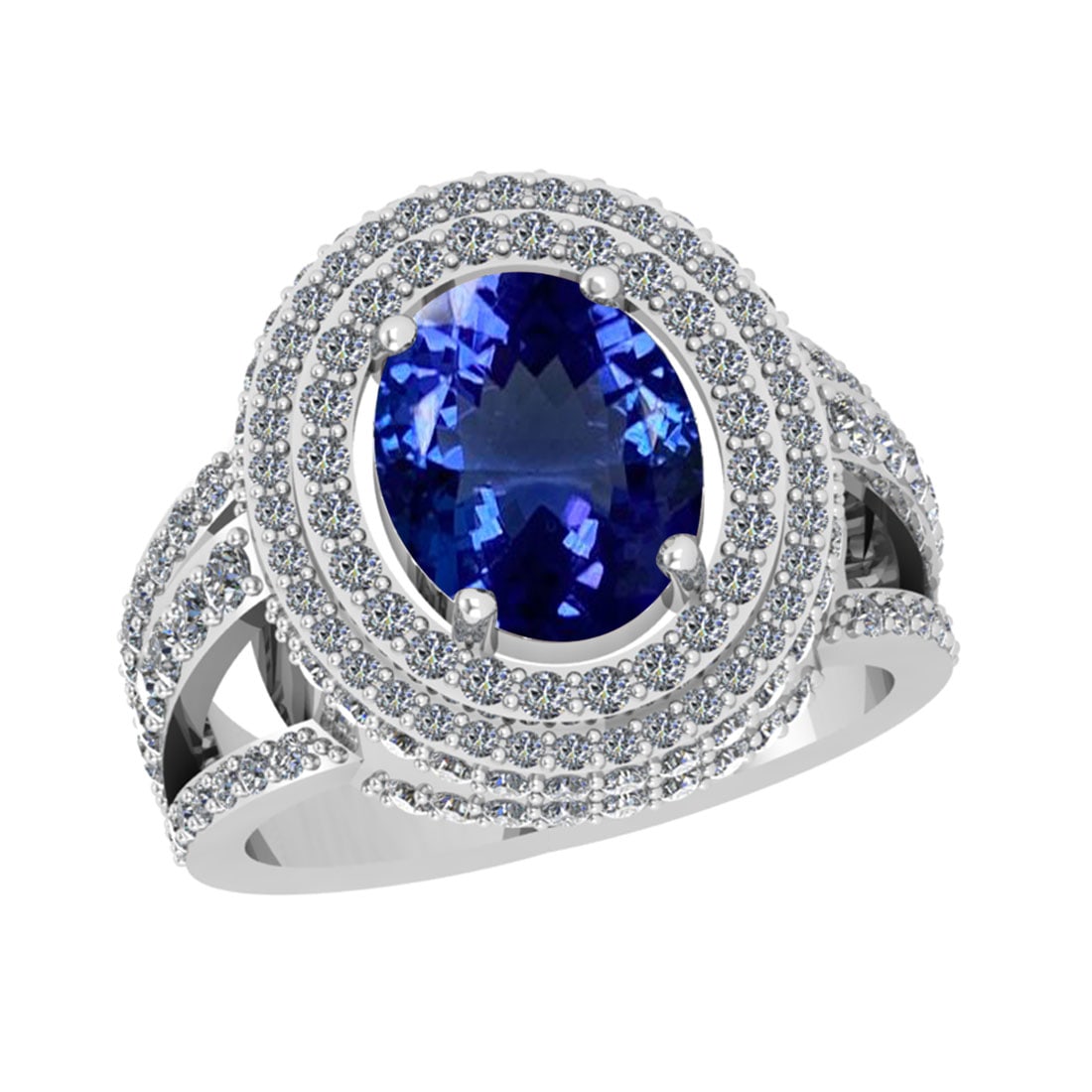 6.33 Ctw VS/SI1 Tanzanite And Diamond 18k White Gold Engagement Halo Ring: Center Stone Weight : 4.88 Ctw ( Oval Cut ) Center Stone Color : Tanzanite Stone Setting : Prong Side Diamond Weight Of Ctw 1.45 Ctw Side Stone Color : J-K Stone Clarity : VS/SI1 Stone Setting : Prong
