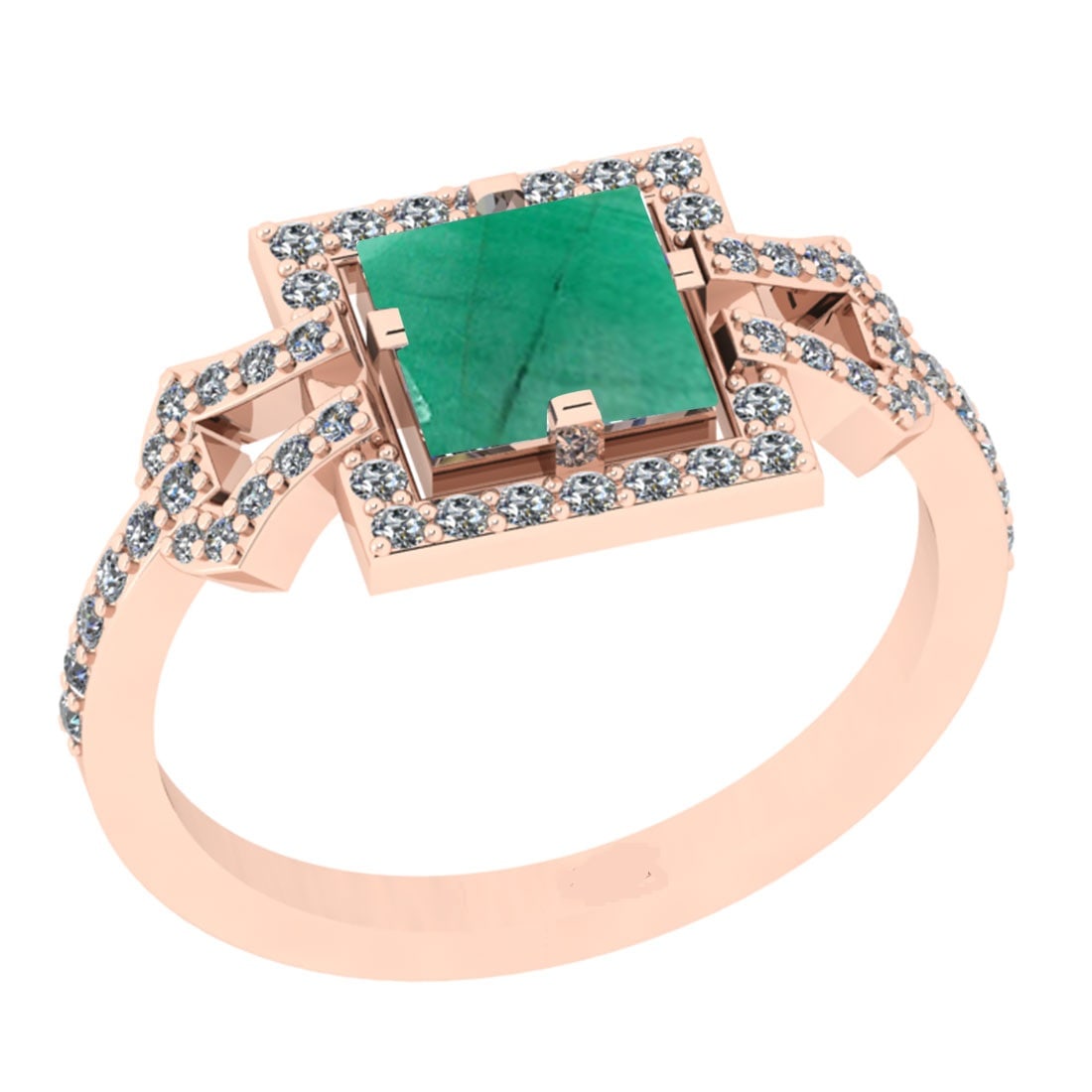 1.34 Ctw VS/SI1 Emerald And Diamond 14K Rose Gold Wedding Halo Ring: Center Stone Weight : 1.00 Ctw (Cushion Cut )Center Stone Color : Emerald Stone Setting : Prong Side Stone Weight Of Ctw 0.34 Ctw Side Stone Color : J-K Stone Clarity : VS/SI1 Stone Setting : Prong Me