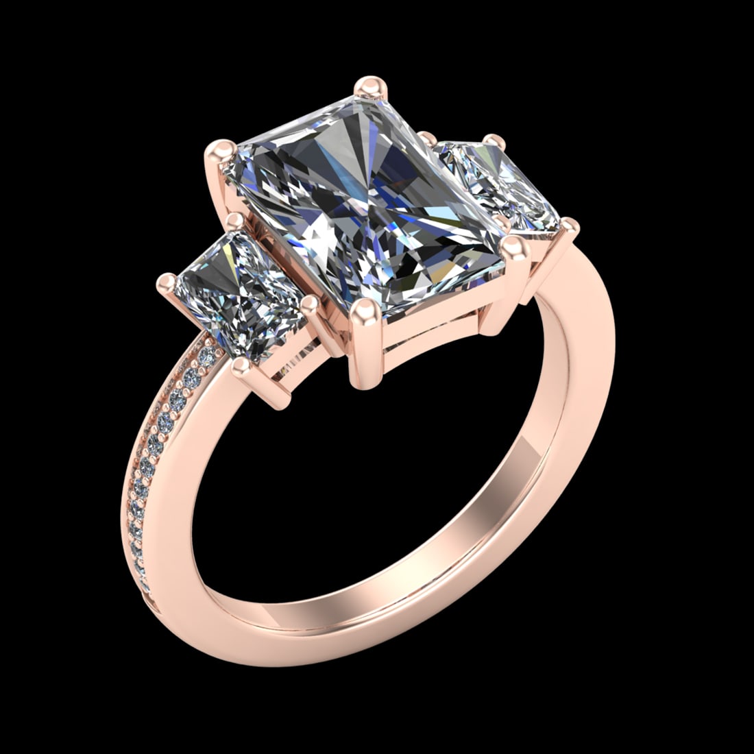 3.62 Ctw VS/SI1 Diamond 10K Rose Gold Engagement Ring: Center Diamond Weight :-3.50 Ctw ( 3PEC Emerald Cut) Color :- J-K Clarity : i2/i3 Center Stone Setting : Prong Side Diamond Weight Of Ctw 0.12 Ctw Color : J-K Clarity : VS/SI1 Stone Setting : Prong Me