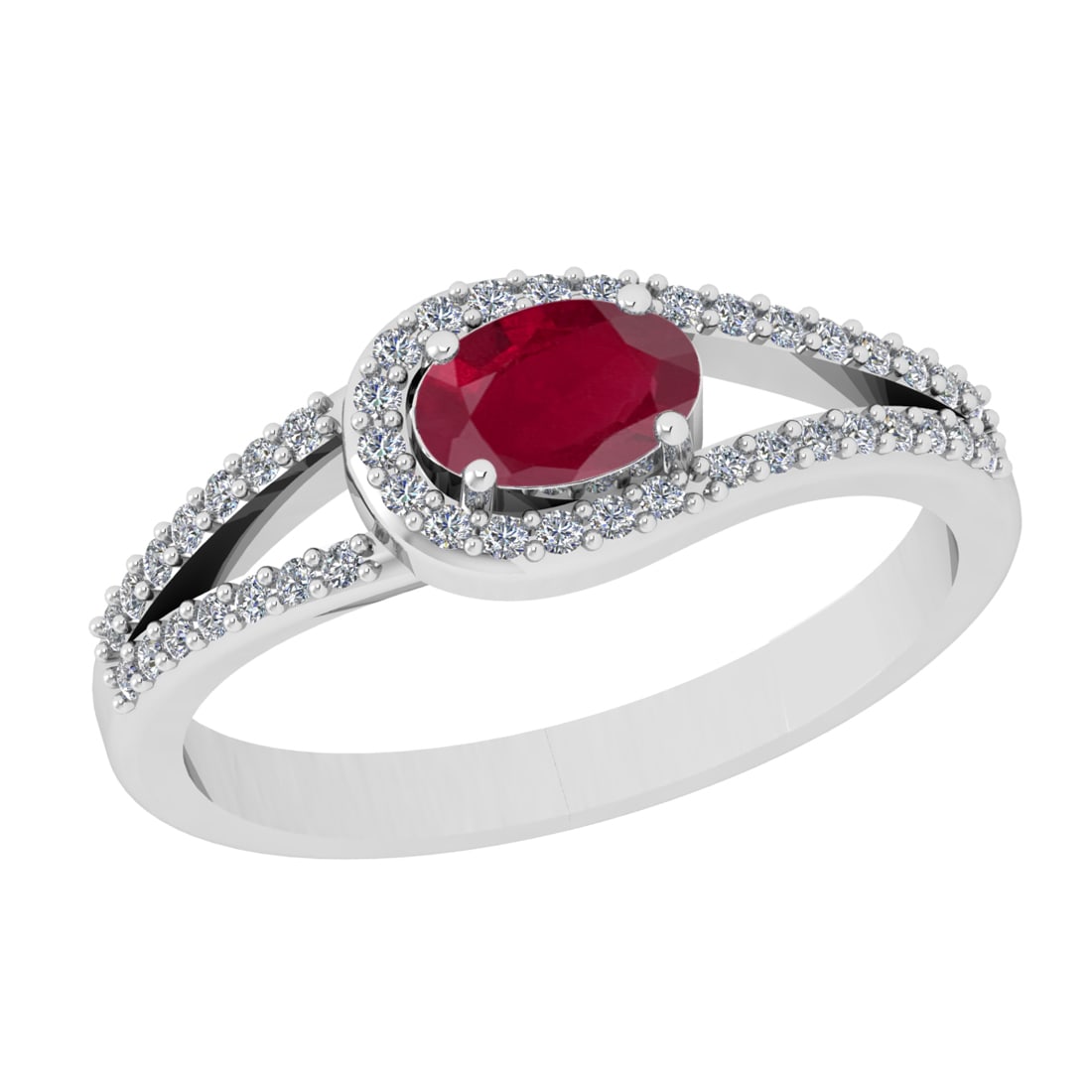 0.71 Ctw VS/SI1 Rubyand Diamond Prong Set 14k white Gold Engagement Ring: Center Stone Weight :-0.50 Ctw ( Oval Cut ) Center Stone Color :-Ruby Center Stone Setting : Prong Side Diamond Weight Of Ctw :- 0.21 Ctw Color : J-K Clarity : VS/SI1 Daimond Setting : Prong Metal Wei